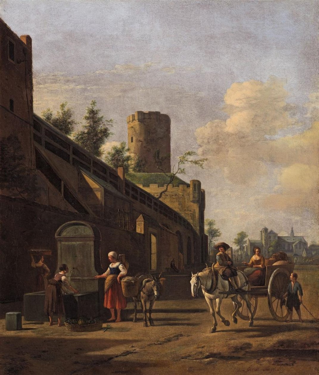 Muralha da cidade de Colónia com camponeses e viajantes nas proximidades, a igreja de São Pantaleão ao fundo de Gerrit Adriaenszoon Berckheyde