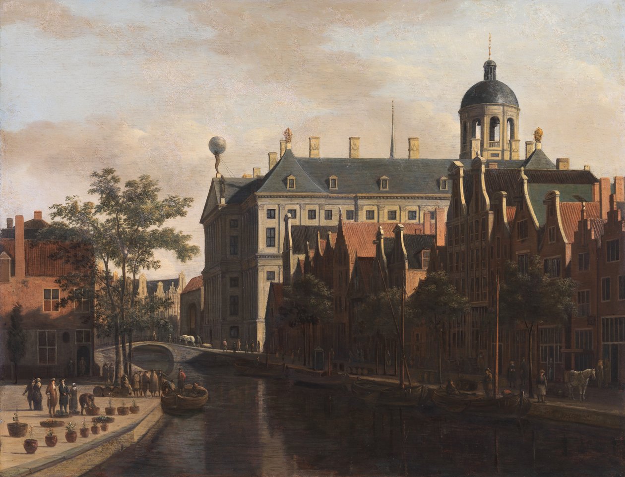 Holandês: Amesterdão, o Mercado das Flores até à Câmara Municipal visto O Nieuwezijds Voorburgwal com o Mercado das Flores e das Árvores em Amesterdão de Gerrit Adriaenszoon Berckheyde