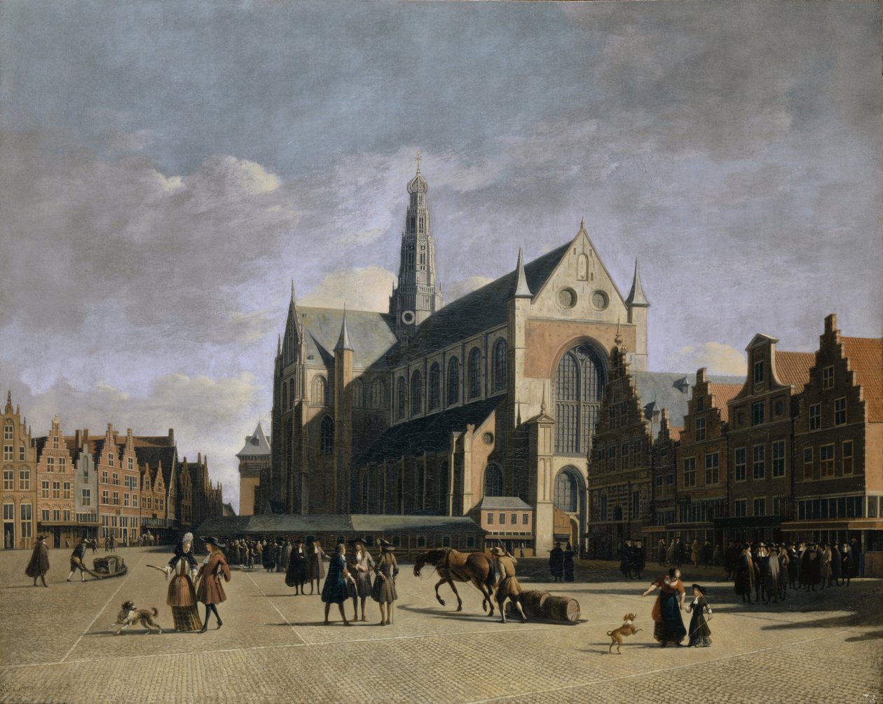 Vista do Grote Markt e da igreja Grote Kerk ou St. -Bavokerk em Haarlem de Gerrit Adriaenszoon Berckheyde