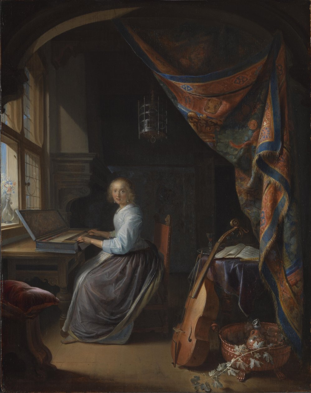 Uma senhora a tocar clavicórdio. de Gerrit Dou