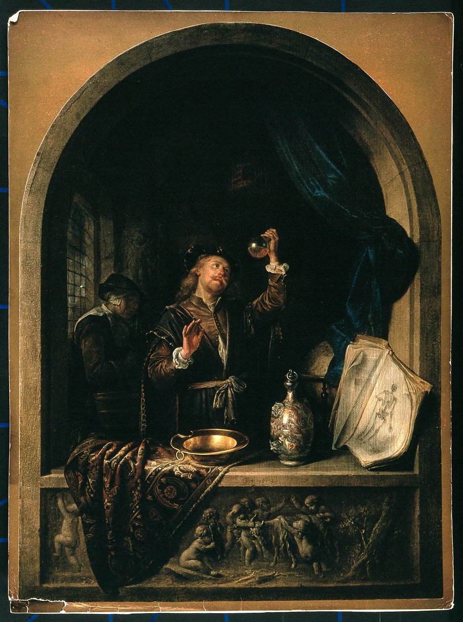 Um médico que examina uma amostra de urina de uma mulher idosa de Gerrit Dou