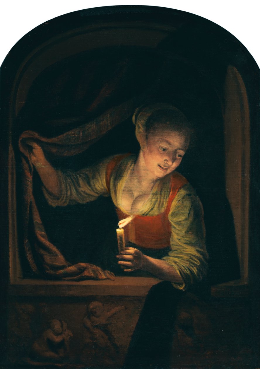 Holandês: Mulher jovem com uma vela acesa numa janela de Gerrit Dou