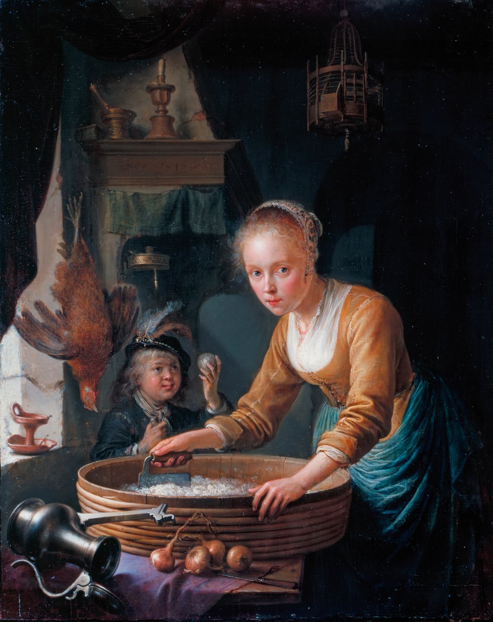 Francês: Jeune fille hachant des oignons Rapariga a cortar cebolas de Gerrit Dou