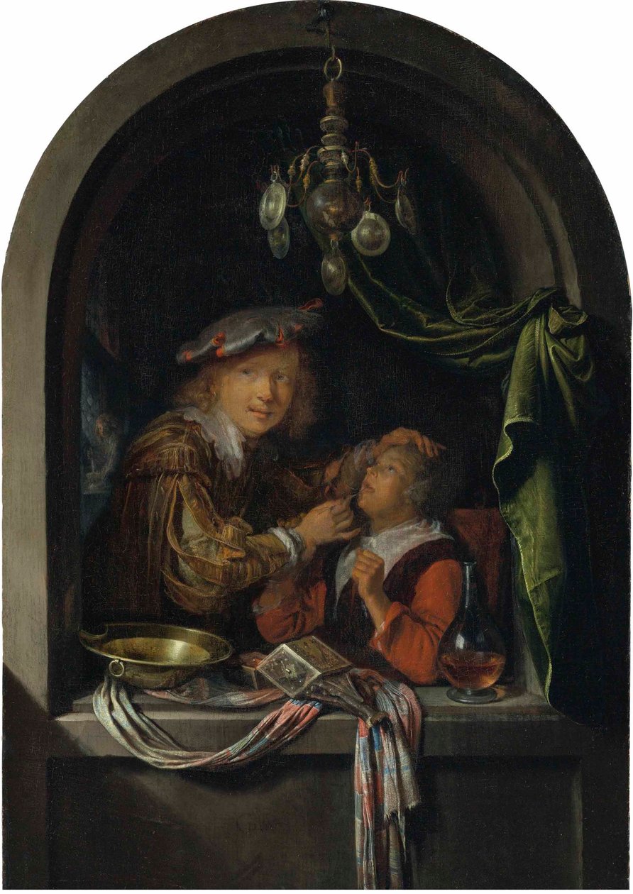 Alemão: Der Zahnarzt Um barbeiro-cirurgião que examina uma rapariga de Gerrit Dou