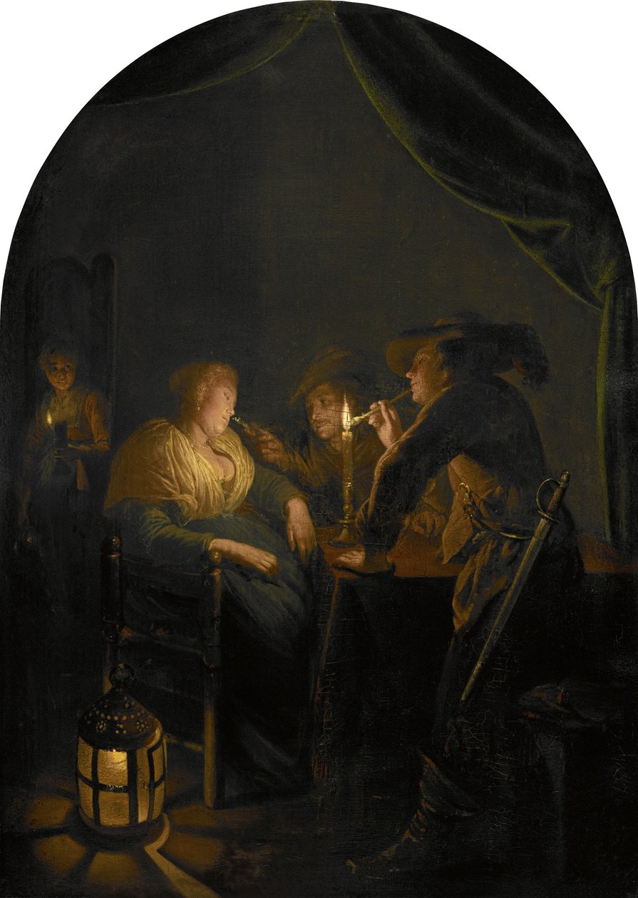 Mulher adormecida provocada por dois soldados de Gerrit Dou