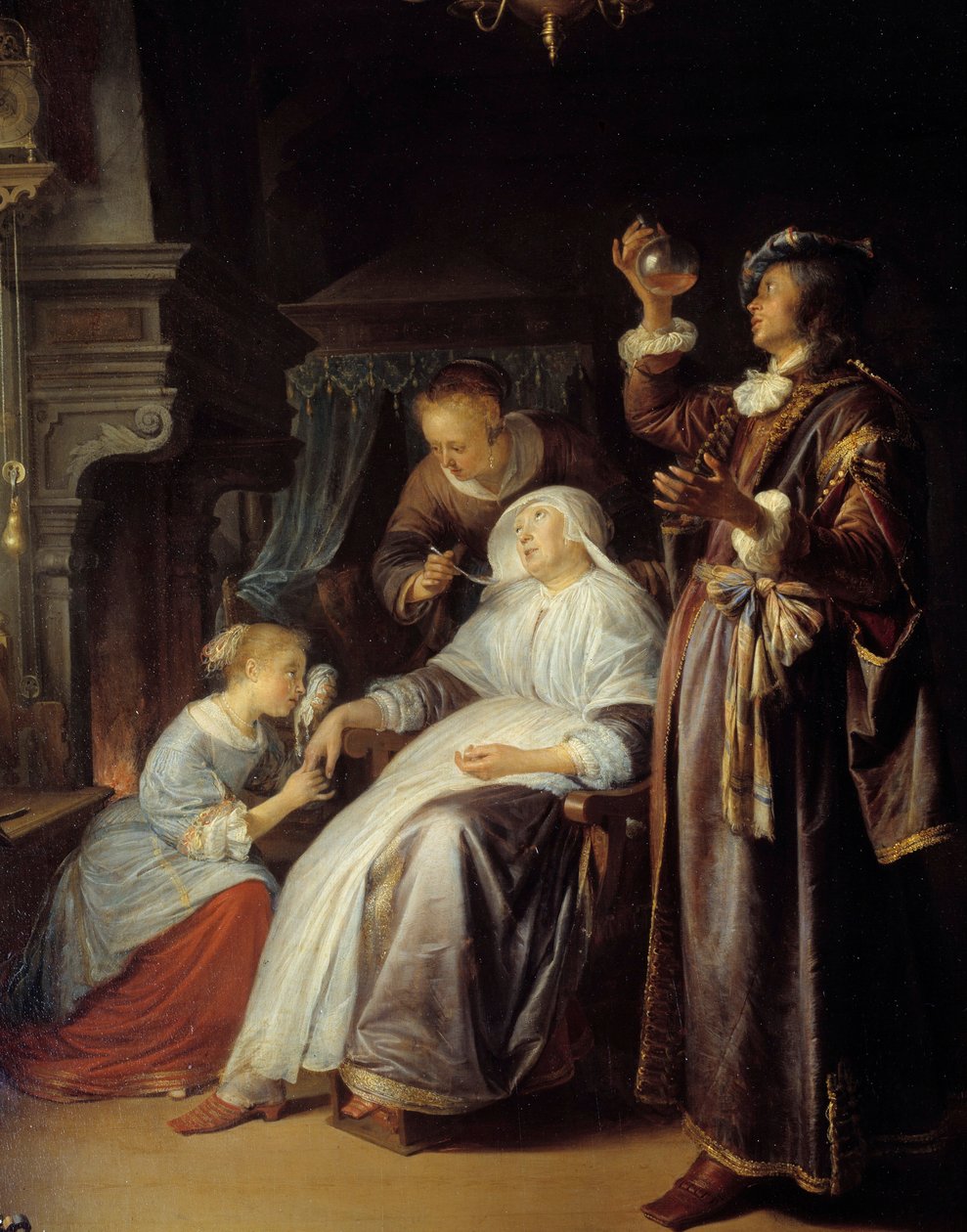 A mulher hidrópica. Um médico examina a urina de uma mulher com hidropisia. Detalhe. Pintura de Gerard Dou (1613-1675) de Gerrit Dou