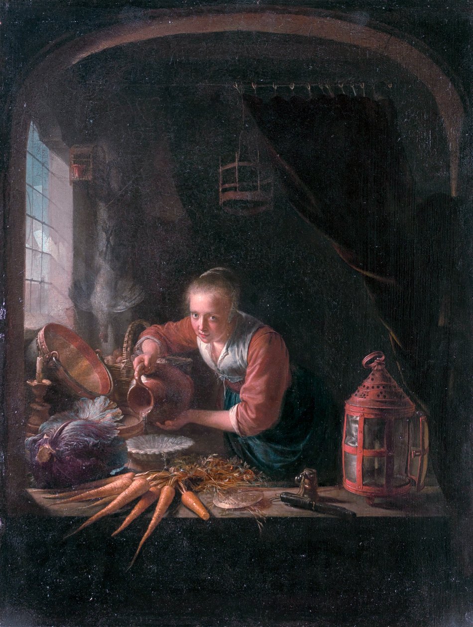 Mulher jovem a deitar água de um jarro de Gerrit Dou