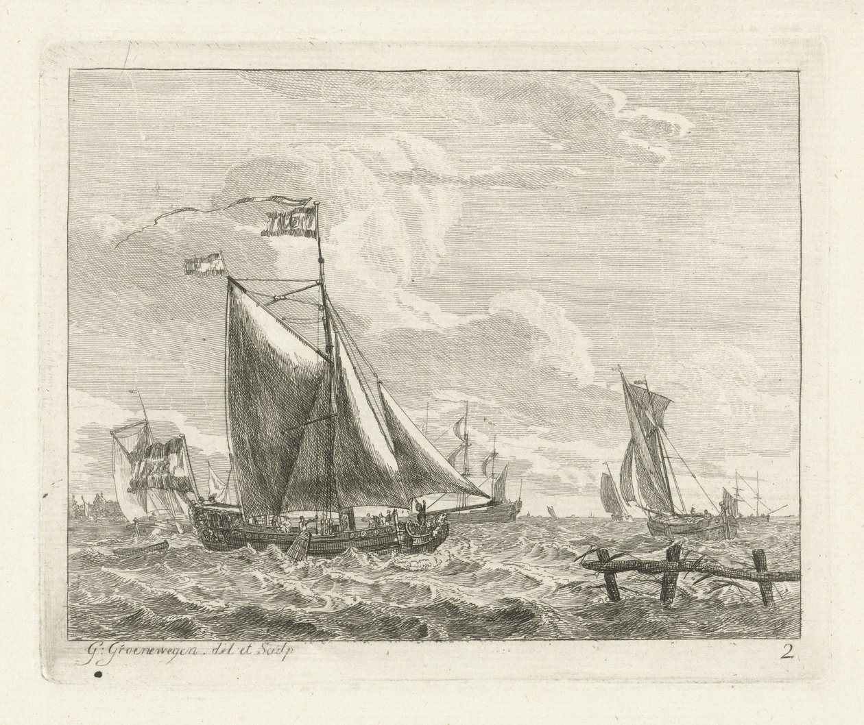 Oito veleiros em águas agitadas Seascapes com navios (título da série) de Gerrit Groenewegen