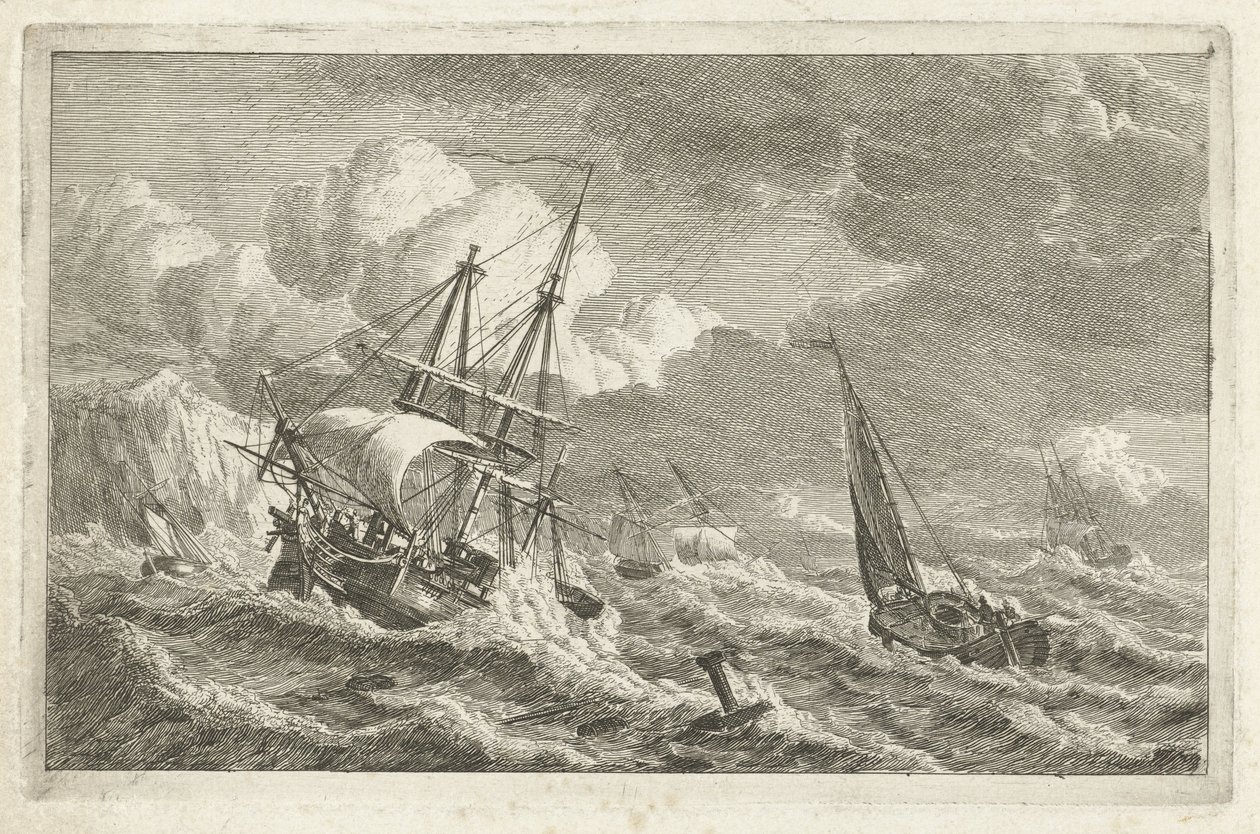 Navios em perigo ao largo de uma costa rochosa Vários navios na água (título da série) de Gerrit Groenewegen