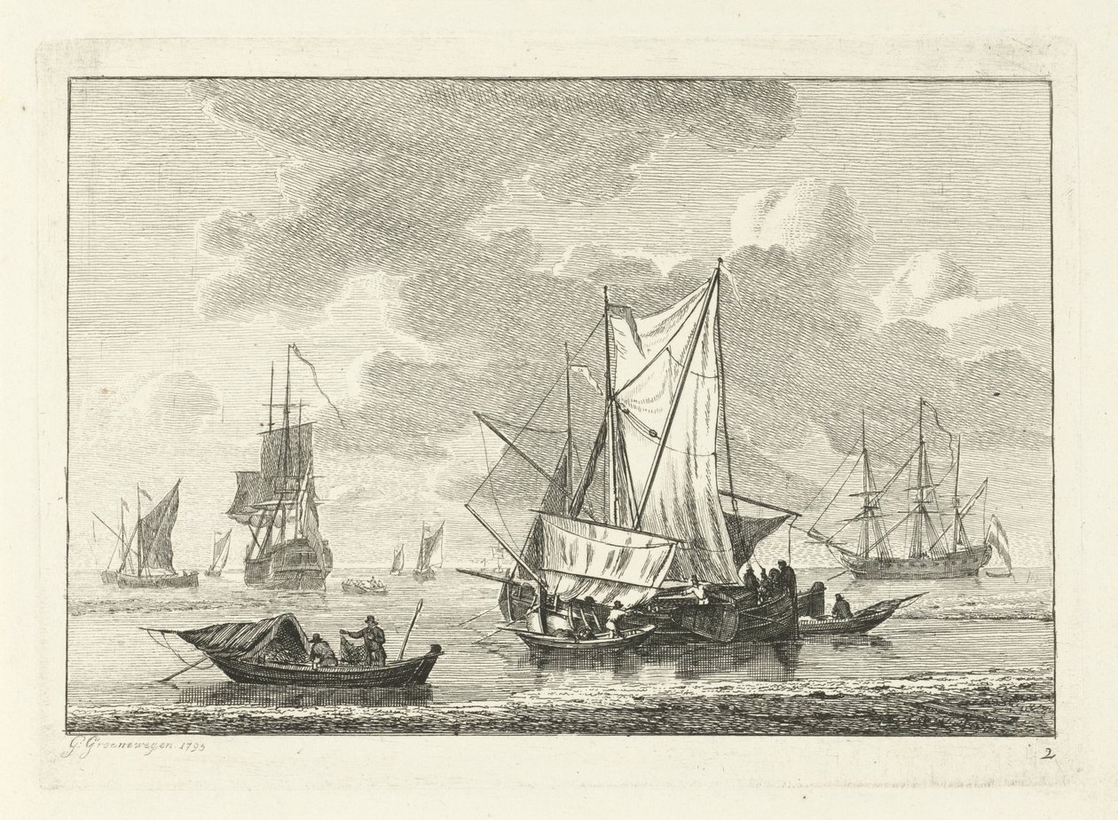 Paisagem marítima com vários navios
Vários navios sobre a água (título da série) de Gerrit Groenewegen