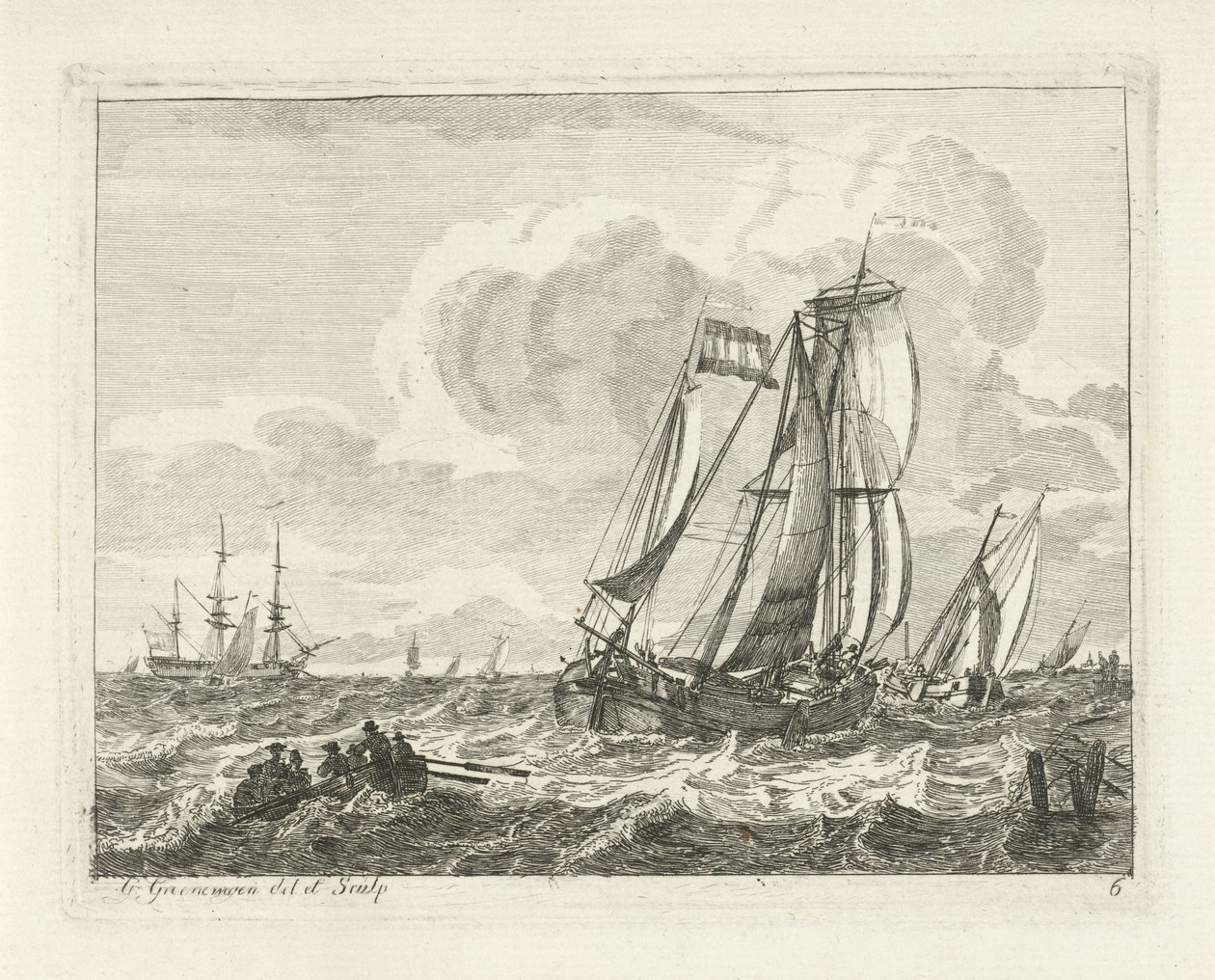 Barcos à vela e um barco a remo em águas abertas
Mares com navios (título da série) de Gerrit Groenewegen
