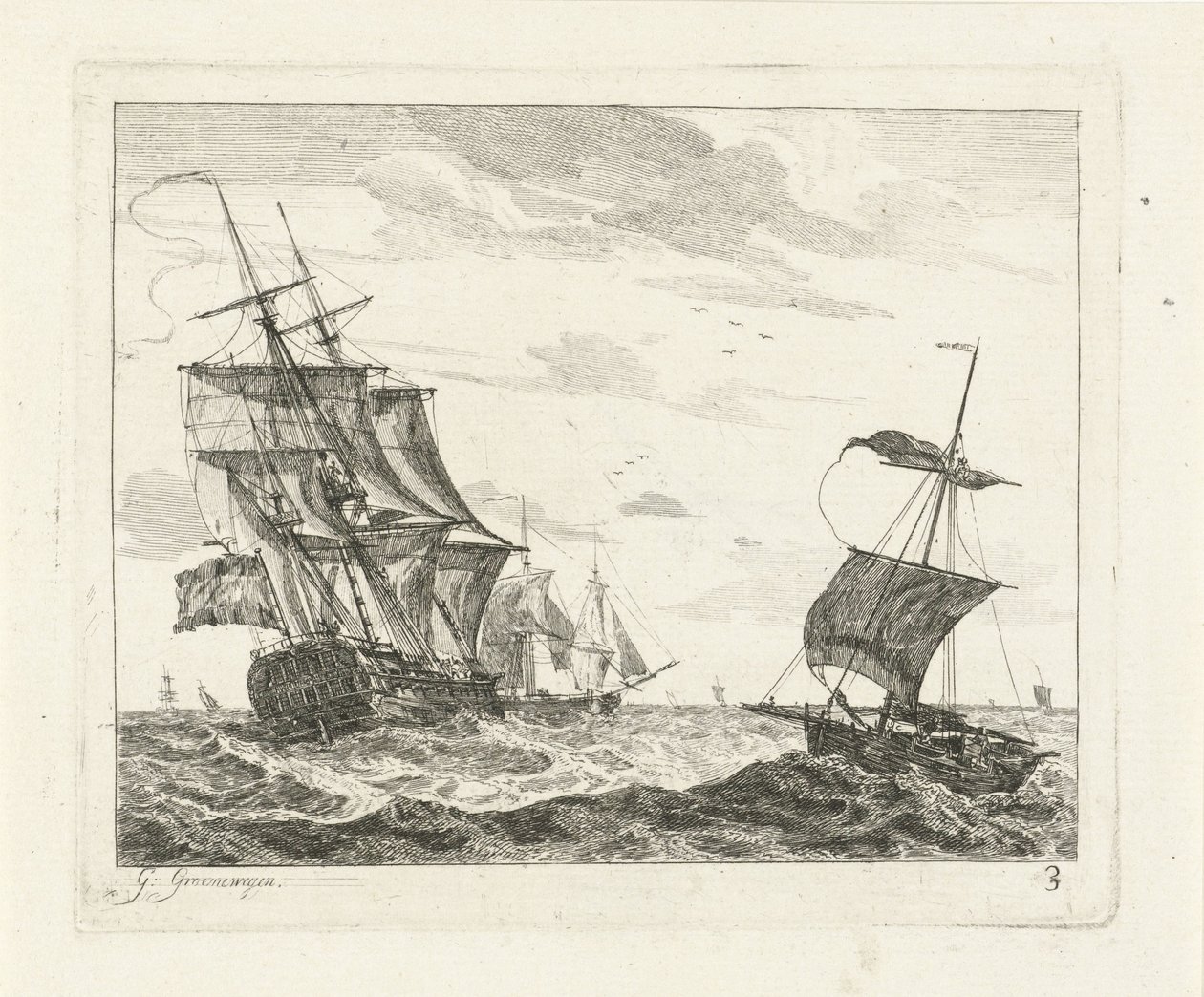 Veleiros em mares agitados Seascapes com navios (título da série) de Gerrit Groenewegen