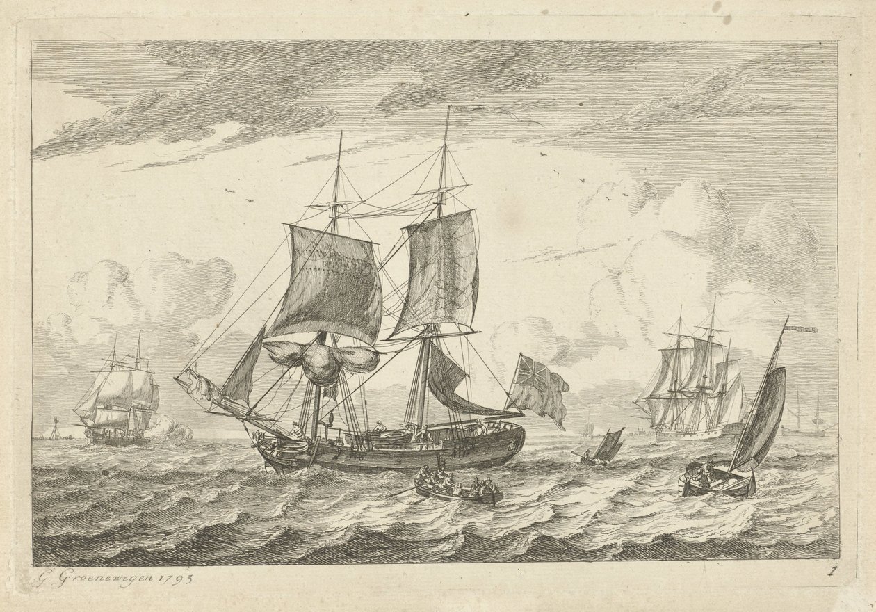 Navios à vela em águas agitadas
Vários navios (título da série) de Gerrit Groenewegen