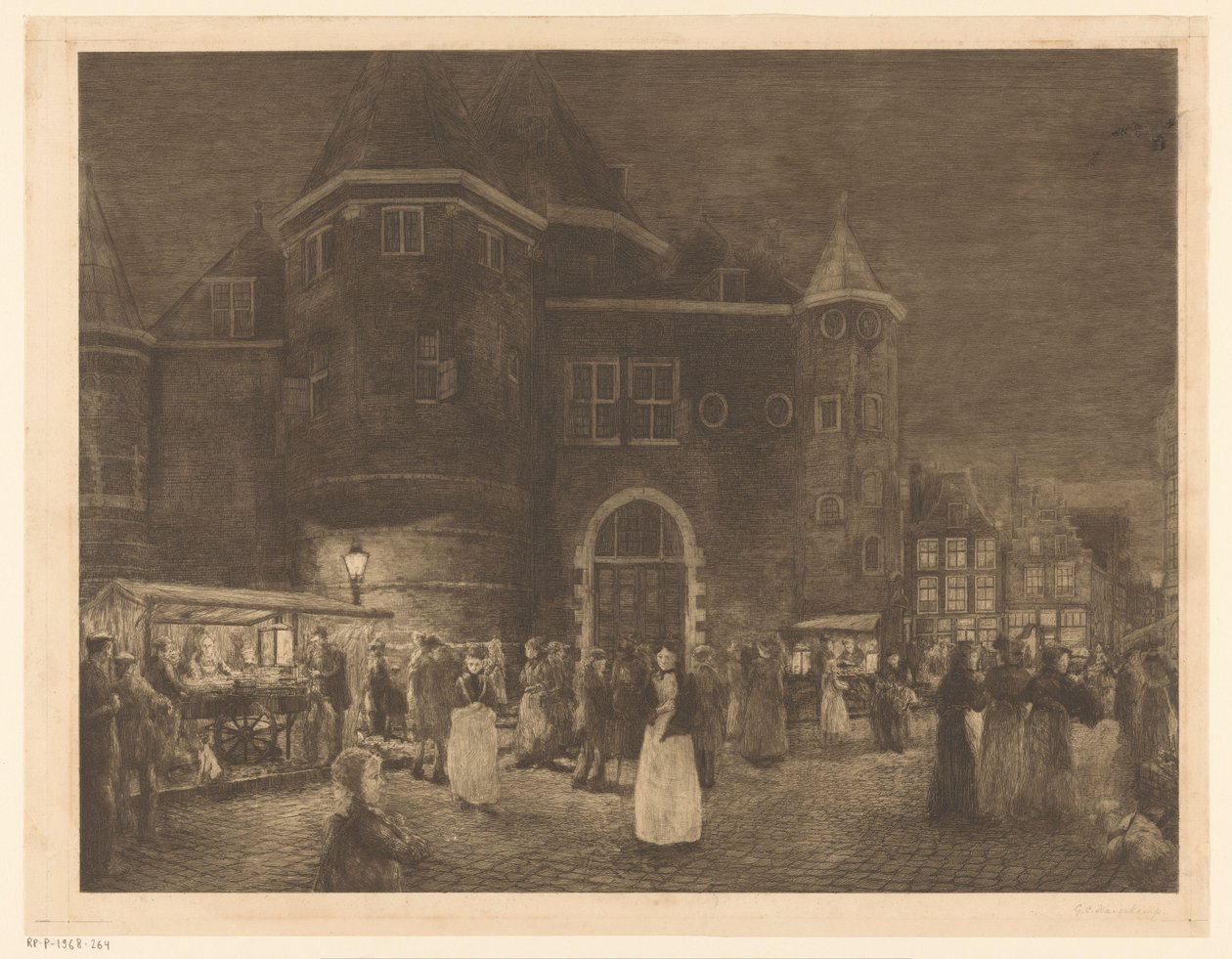 Mercado no Waag no Nieuwmarkt em Amsterdã à noite de Gerrit Haverkamp (signed by artist)