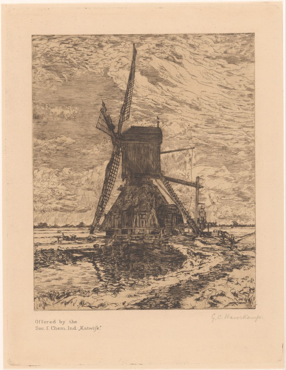 Moinho em uma paisagem plana de Gerrit Haverkamp (signed by artist)
