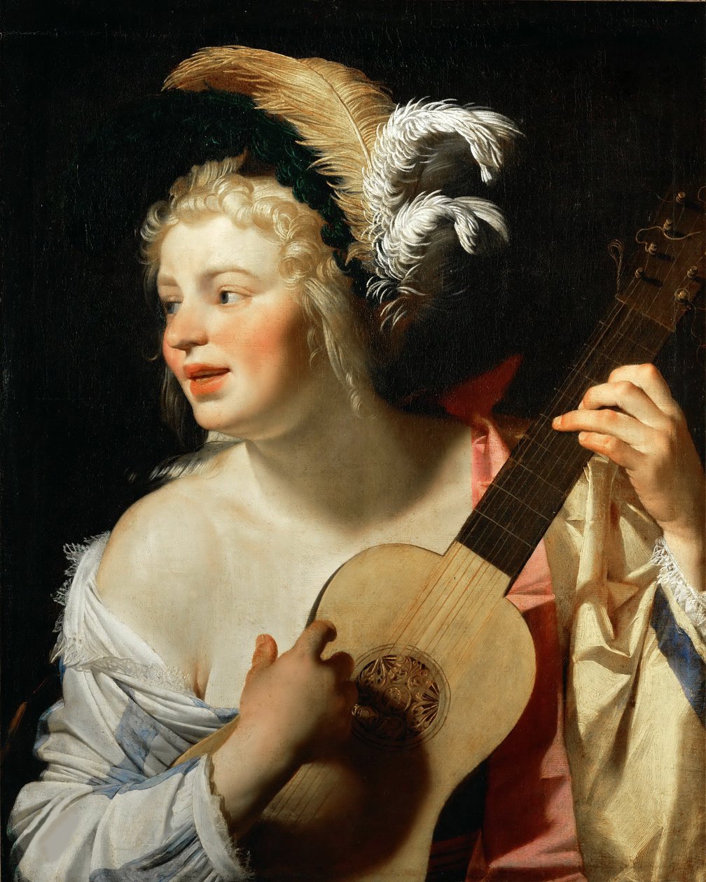 Mulher tocando violão, 1624. de Gerrit van Honthorst