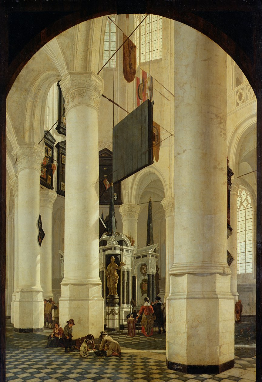 Interior do Nieuwe Kerk em Delft com o túmulo de William the Silent, 1650 de Gerrit Houckgeest