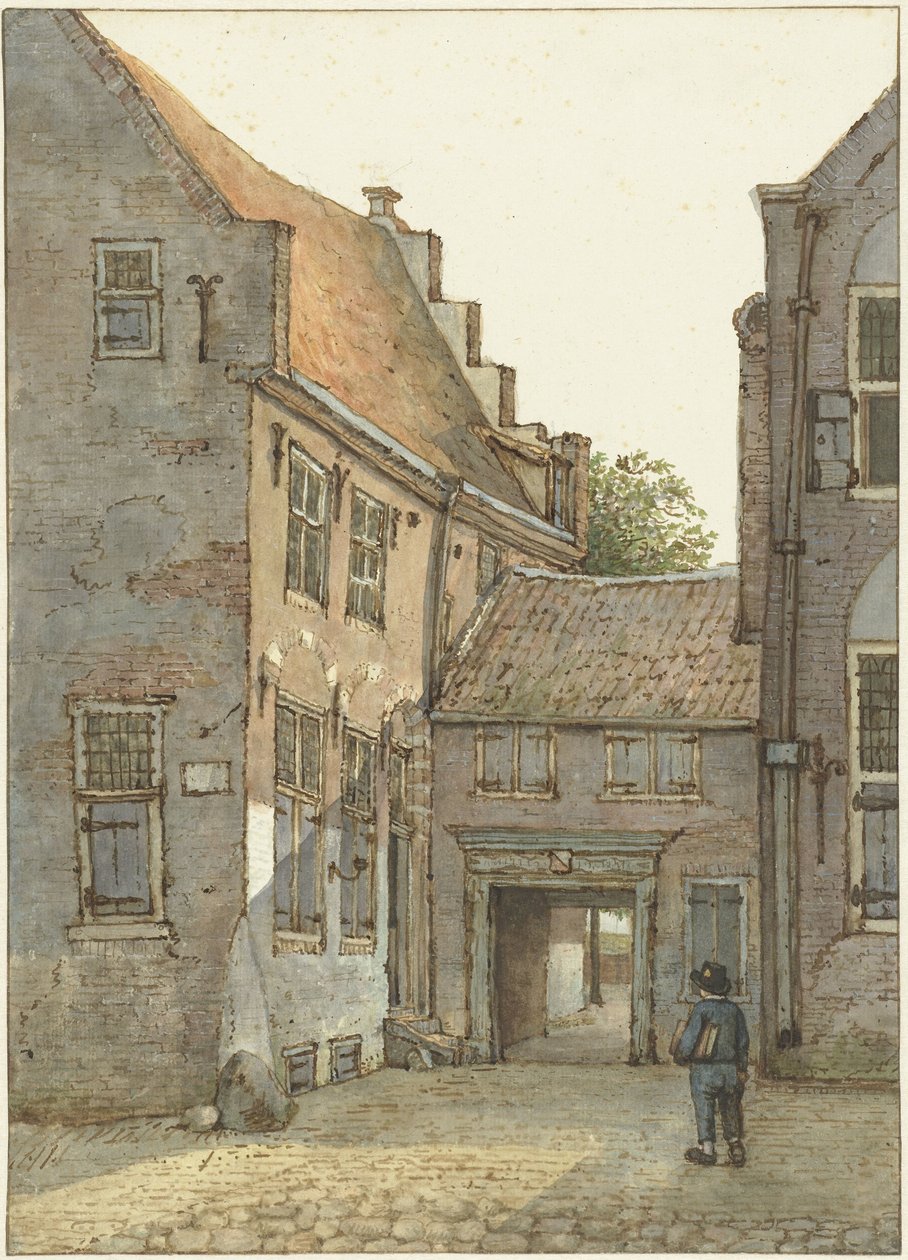 Vista da entrada da escola latina, St Hieronymus School, em Kromme Nieuwegracht, em Utrecht de Gerrit Lamberts