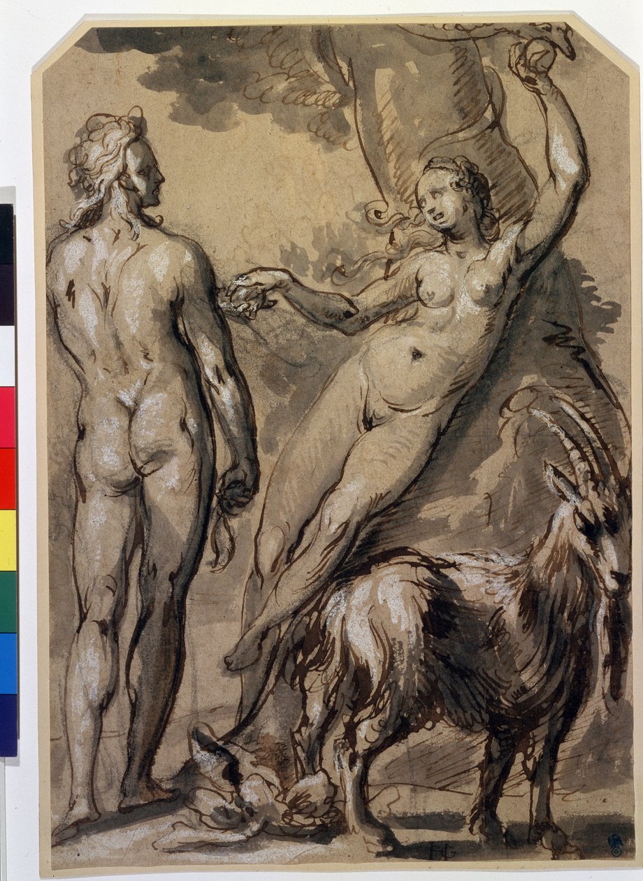 "Adão e Eva" Eva a apanhar o fruto proibido e a segurá-lo a Adão. Desenho da caneta de Gerrit Pietersz (1566-c. 1616) Final da década de 1590. Museu Pushkin, Moscovo de Gerrit Pietersz