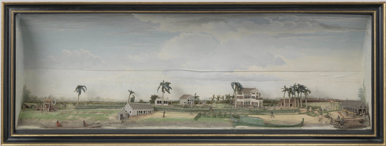 Diorama da plantação de café e algodão de Zeezigt no Suriname, c.1815-21 madeira e papel pintado de Gerrit Schouten