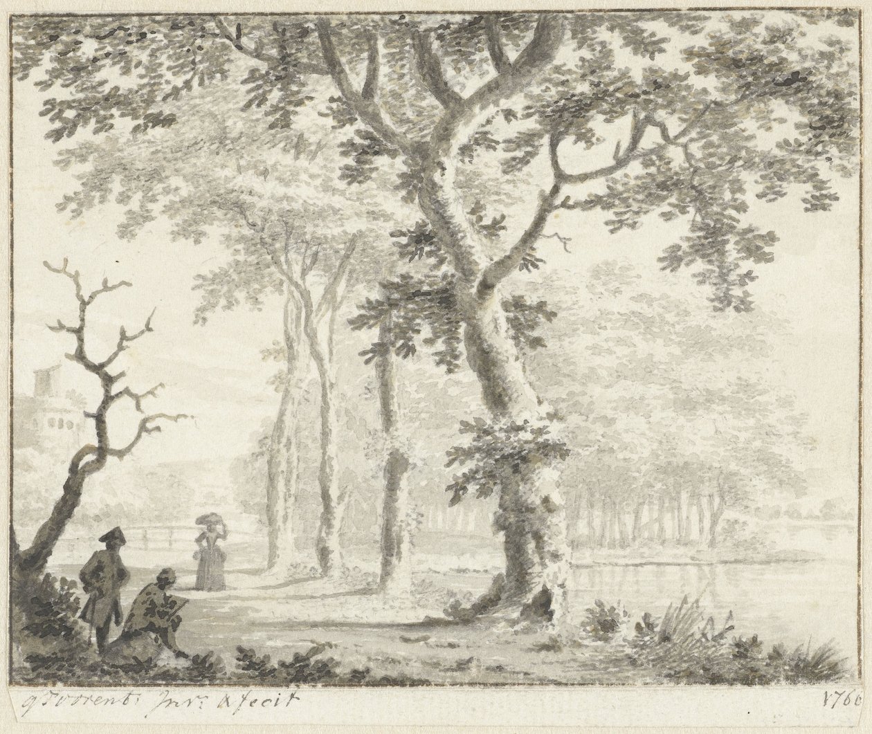 Árvores à beira-mar e um desenhador de Gerrit Toorenburgh