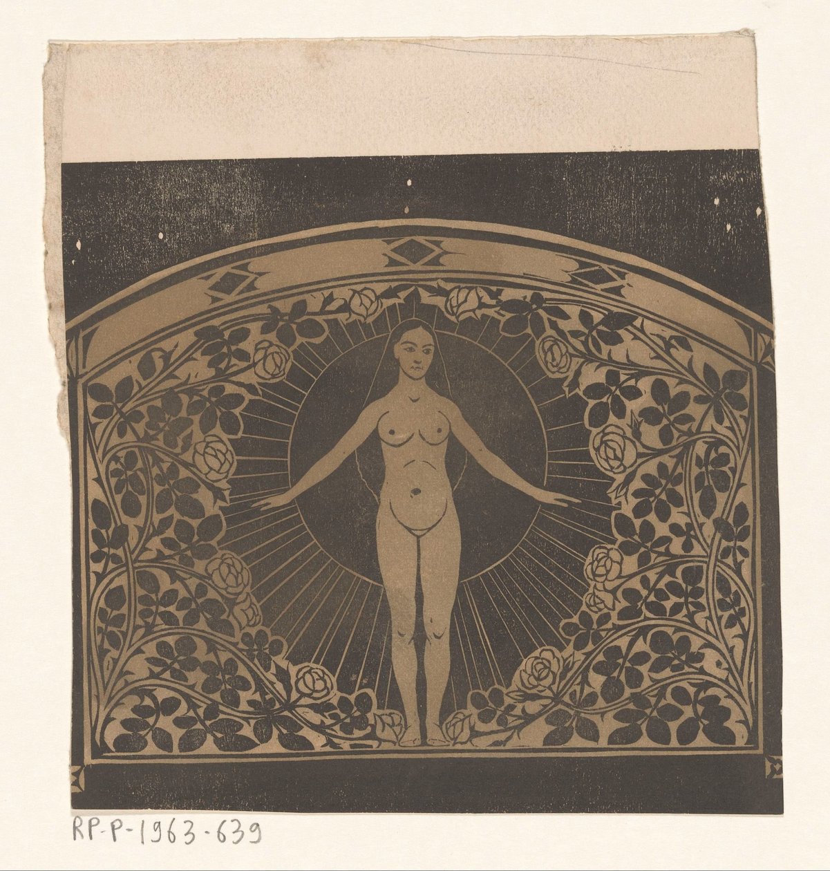 Desenho para a moldura de um calendário para 1901 mostrando uma mulher e flores de Gerrit Willem Dijsselhof