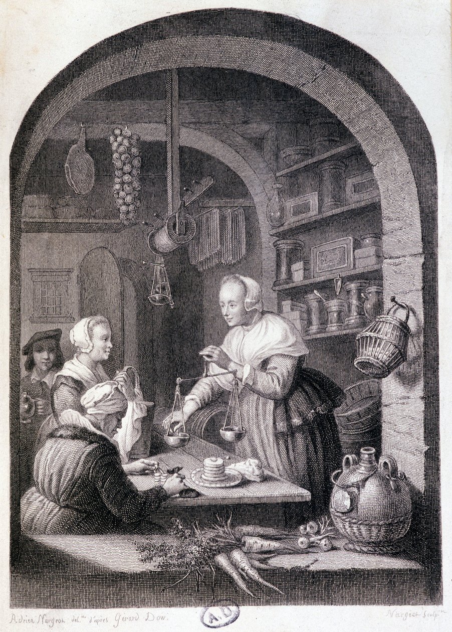 Merceeiro da aldeia a pesar com uma balança. sd. Século XVIII de Gerrit or Gerard (after) Dou
