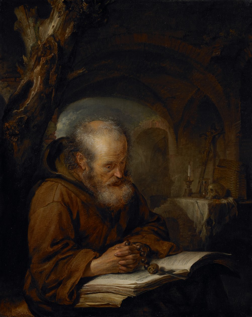 Um eremita rezando, 1670 de Gerrit Dou