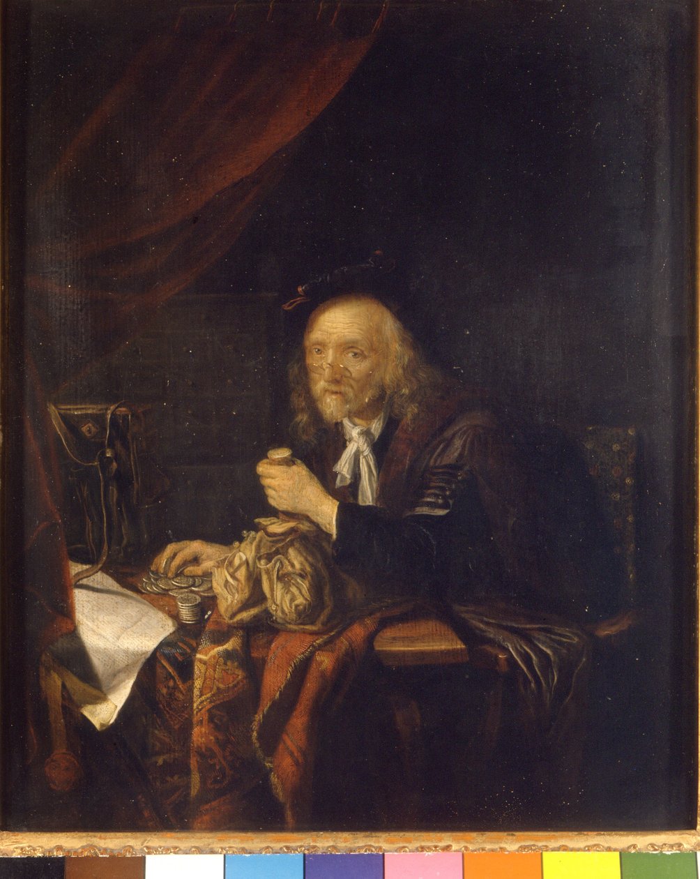 Um homem desconfiado conta o seu dinheiro segurando uma mala na mão. Pintura de Gerard Dou (ou Gerrit Dow) (1613-1675) Século XVII Milão Museo del castello de Gerrit Dou