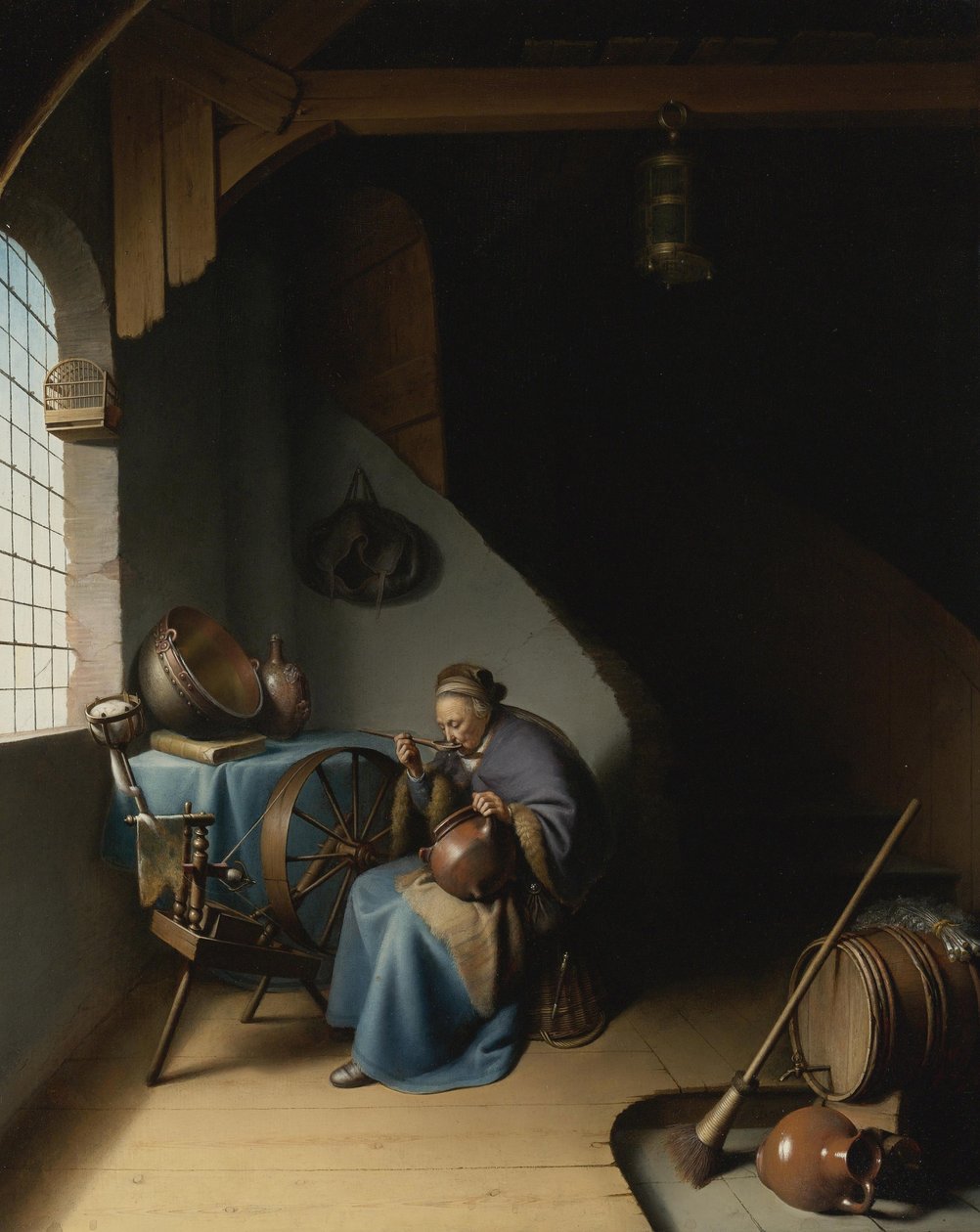 Uma senhora idosa em sua roda de fiar, comendo mingau par Dou, Gerard de Gerrit Dou