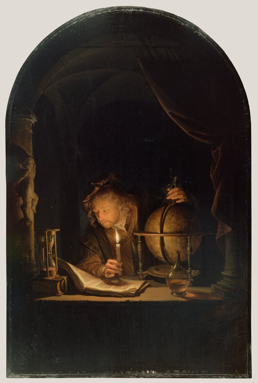 Astronomer by Candlelight, c.1650 (óleo no painel) de Gerrit Dou
