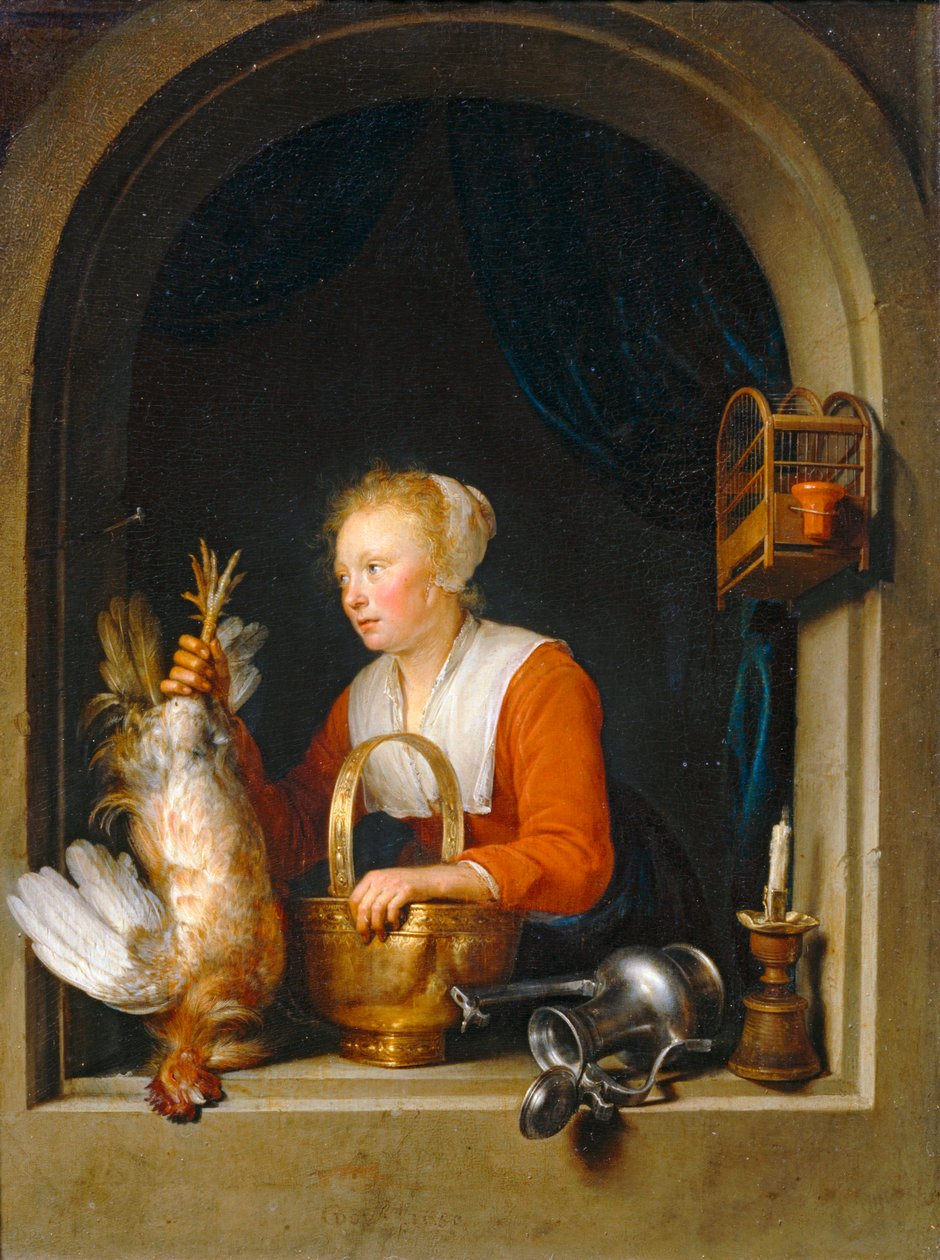 Femme accrochant un coq à sa fenetre, dit aussi La Menagère hollandaise - Mulher que pendura um galo na sua janela, também chamada dona de casa holandesa ... de Gerrit or Gerard Dou