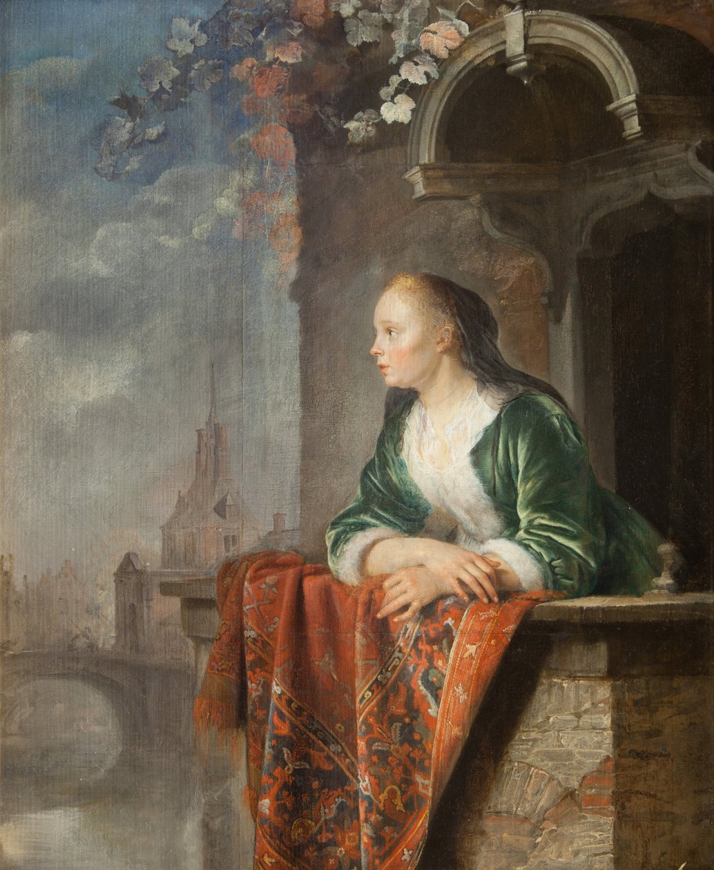 Jeune femme sur un balcon - Jovem mulher numa varanda - Gerard (Gerrit) Dou (1613-1675). Óleo sobre tela, ca. 1665. Galeria Nacional, Praga de Gerrit Dou