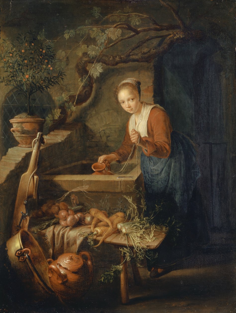 Empregada de cozinha no poço, c.1650 de Gerrit Dou