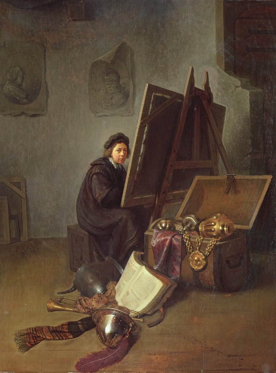 Retrato do artista em seu cavalete em seu estúdio de Gerrit Dou