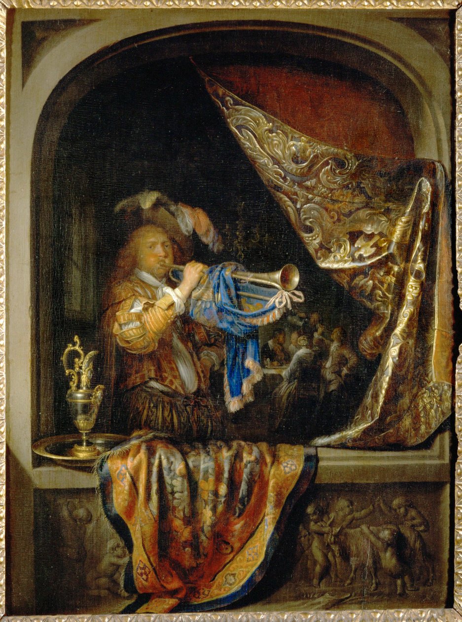 O trompetista, ao fundo uma festa ... de Gerrit or Gerard Dou