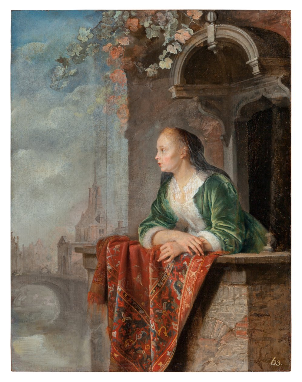 Jovem senhora em uma varanda, c.1664 de Gerrit Dou