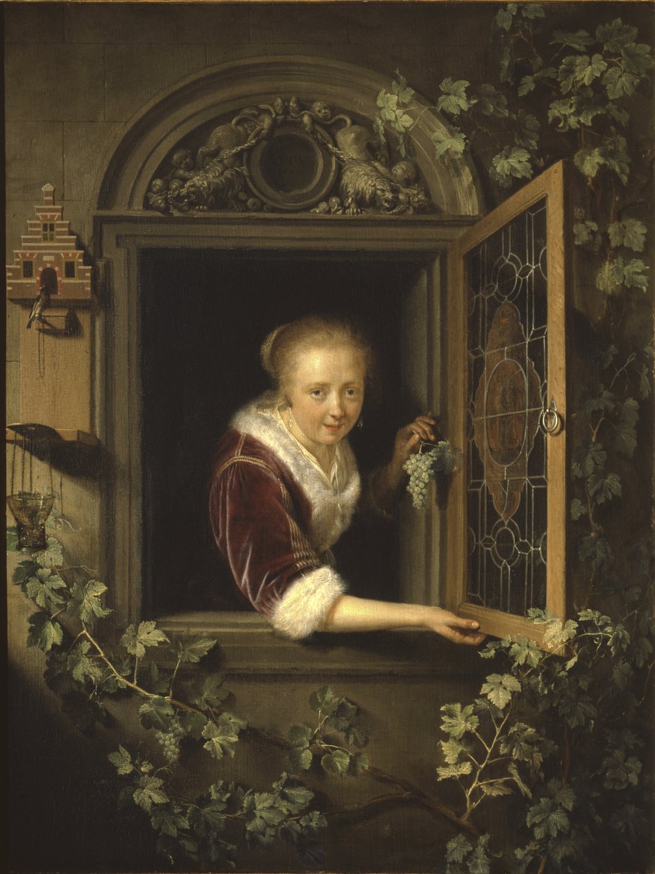 Jovem mulher na janela com um cacho de uvas, 1622 de Gerrit Dou