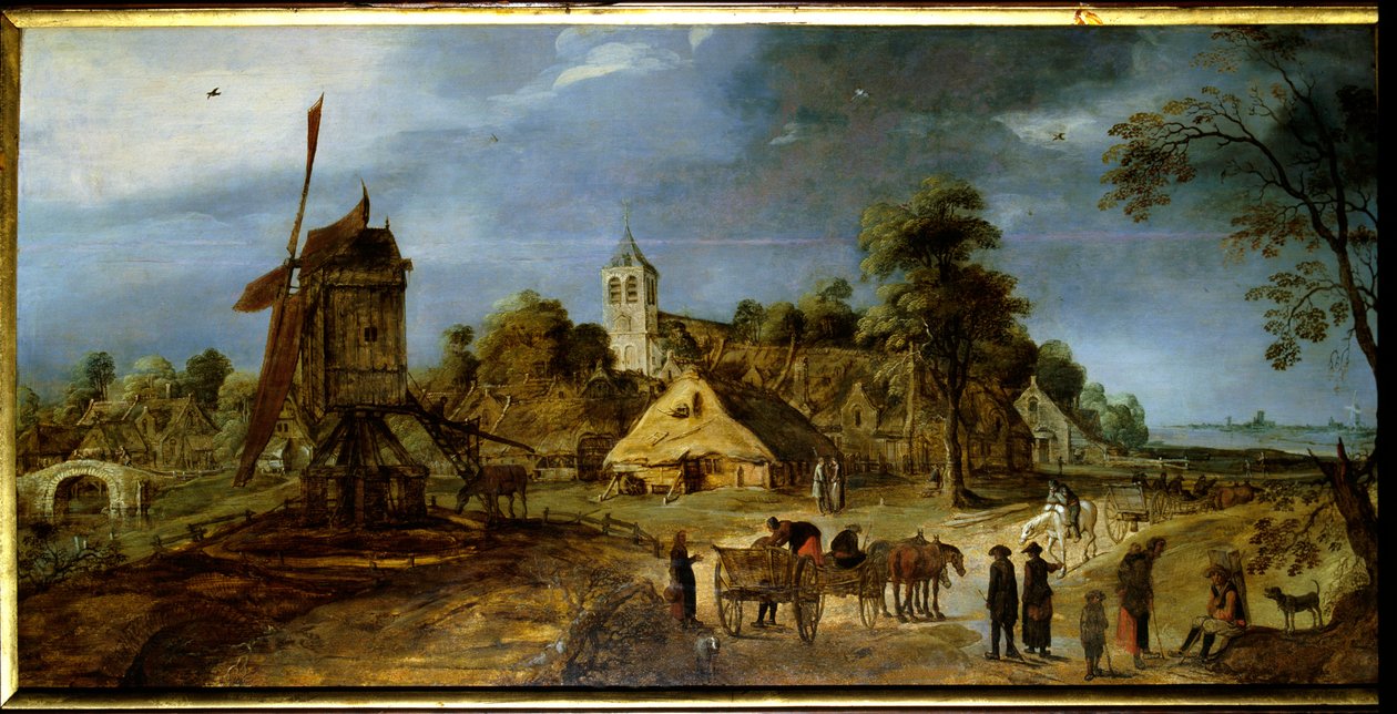 Uma paisagem rural holandesa de rua da aldeia com moinho. Pintura de Gerrit Van Honthorst (1590-1656) Século XVII. Riom, Musee Francisque Mandet de Gerrit van Honthorst