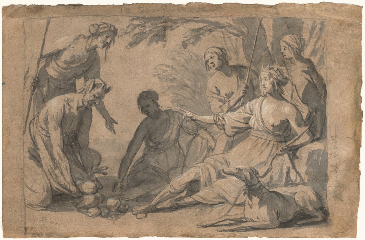 Diana e quatro ninfas recebendo presentes de um sátiro de Gerrit van Honthorst