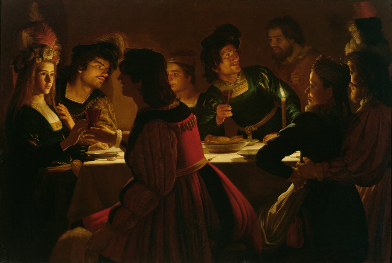 Festa cena com um jovem casal, c.1617 de Gerrit van Honthorst