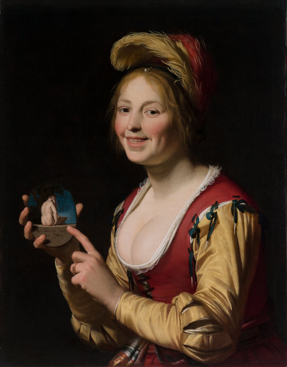 Rapariga sorridente, uma cortesã, com uma imagem obscena de Gerrit van Honthorst