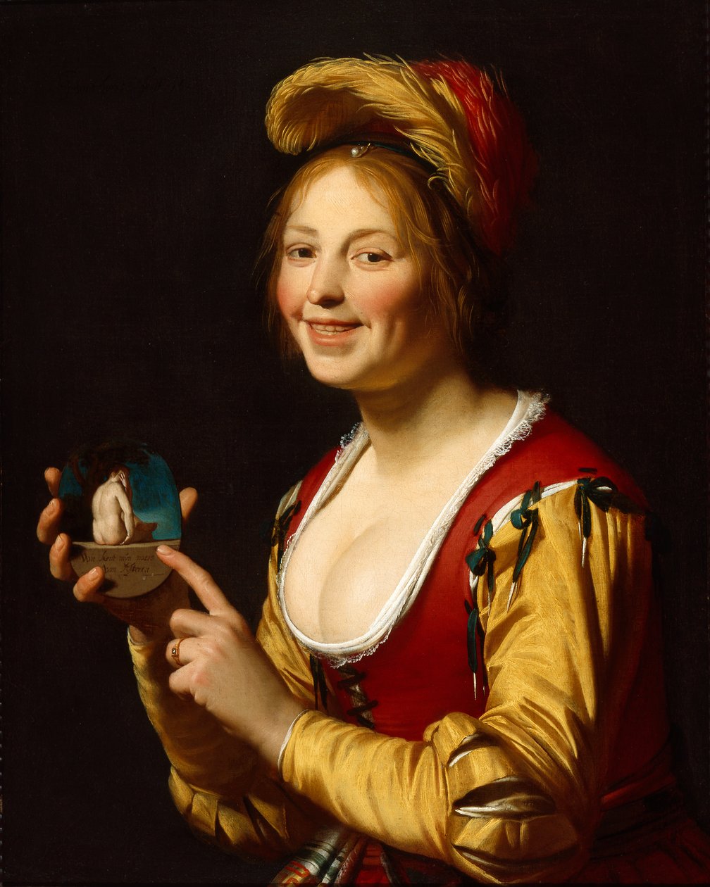 Rapariga sorridente, uma cortesã, segurando uma imagem obscena de Gerrit van Honthorst