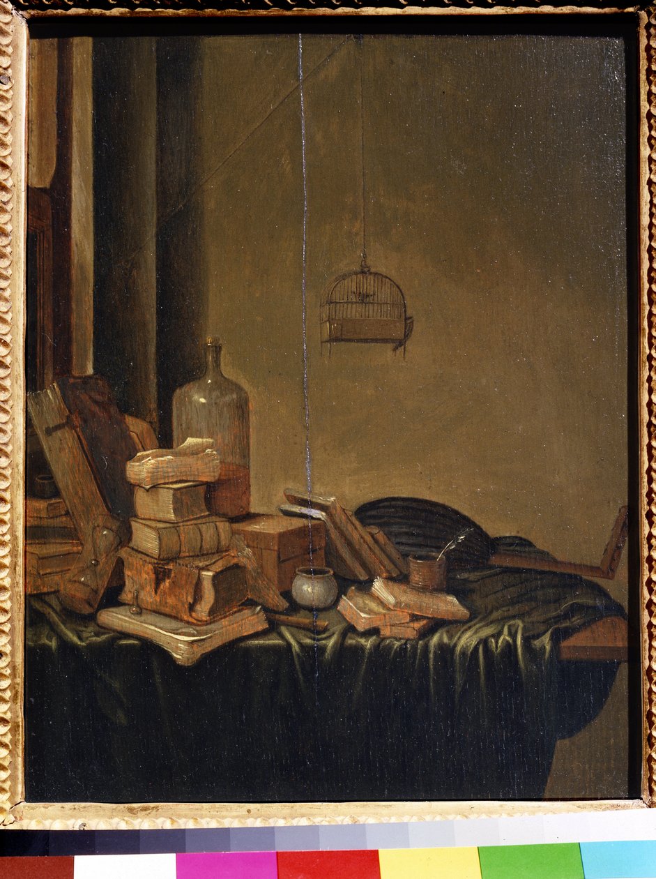 Natureza morta com livros. Pintura de Gerrit van Vucht (1600 ou 1620- ca. 1697). Óleo sobre madeira, 34 x 28 cm. Escola holandesa do século XVII. Pushkin Museum of Fine Arts, Moscovo. de Gerrit van Vucht