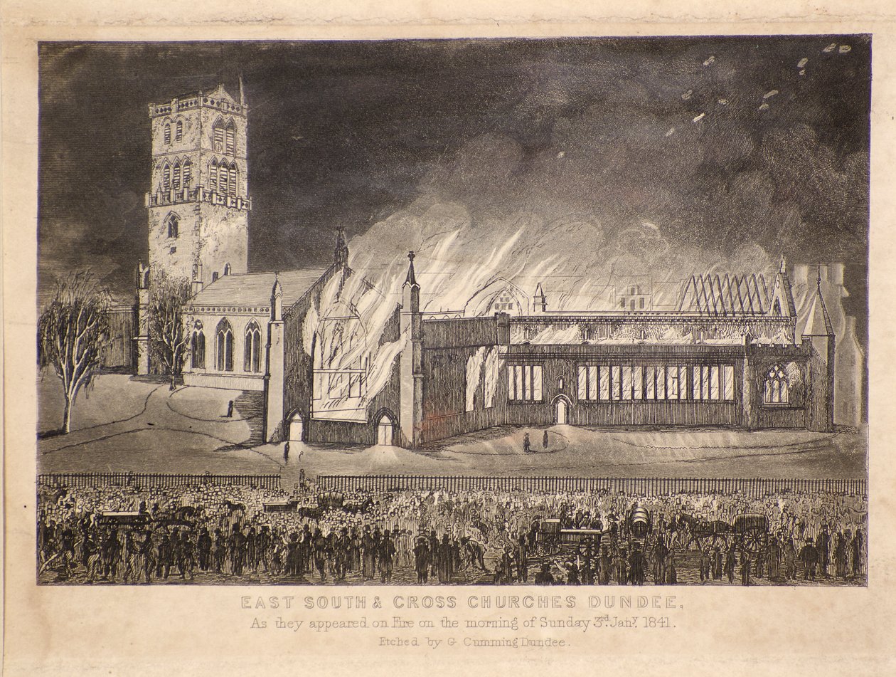 East, South & Cross Churches, Dundee, como eles apareceram no fogo no domingo, 3 de janeiro de 1841, c.1841 (gravura) de Gershom Gourlay Cumming