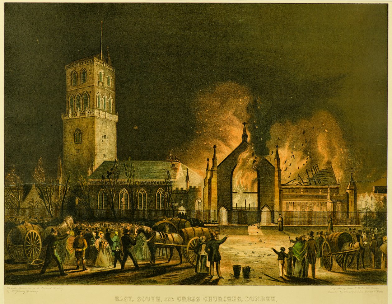 Igrejas de Leste, do Sul e Cruz, Dundee [como apareceram no incêndio na manhã de domingo, 3 de Janeiro de 1841] (depois de George McGillivray), c.1841 (litografia) de Gershom Gourlay Cumming