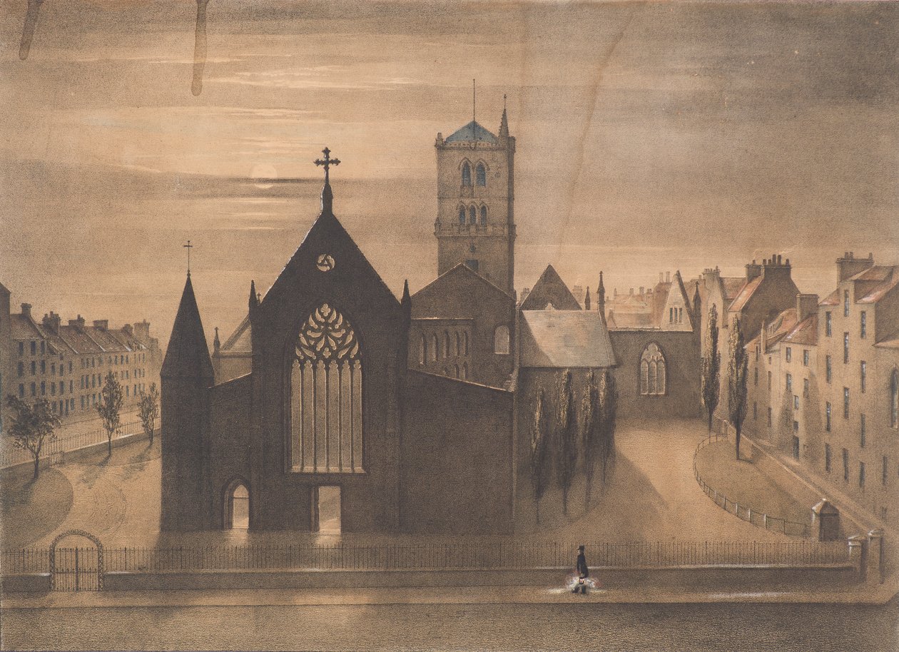 Moonlight View of East and Cross Churches, Dundee como eles apareceram após a Conflagração de 3 de janeiro, c.1841 (litografia) de Gershom Gourlay Cumming