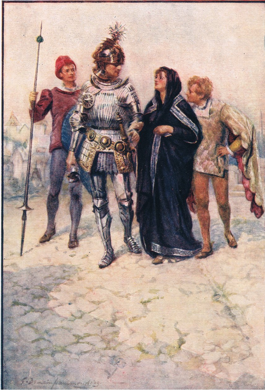 O Príncipe Arthur conduz Belge e os seus filhos ao castelo, Stories from the Faerie Queen publicado por George Harrap and Company de Gertrude E. Demain (after) Hammond