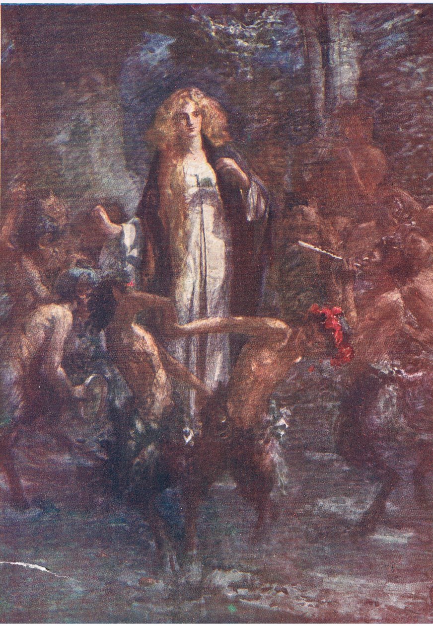 Os sátiros dançaram à sua volta com alegria, Stories from the Faerie Queen publicado por George Harrap and Company de Gertrude E. Demain (after) Hammond