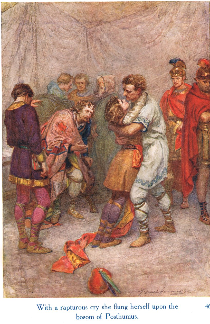 Com um grito arrebatador ela atirou-se ao peito de Póstumo", ilustração de "Shakespeare